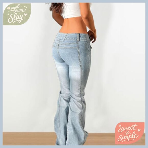 Low Rise Flare Jeans Stretchy Bell Bottom Denim Pants Y2K Vintage Washed - Picture 3 of 7